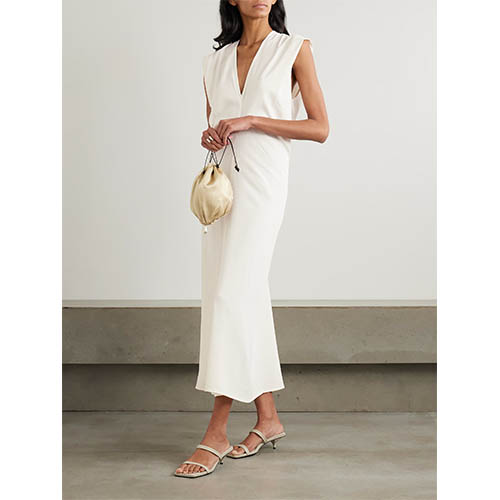 Prispôsobené šaty slonovinovej farby bez rukávov hlboké V Midi